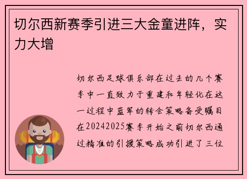 切尔西新赛季引进三大金童进阵，实力大增